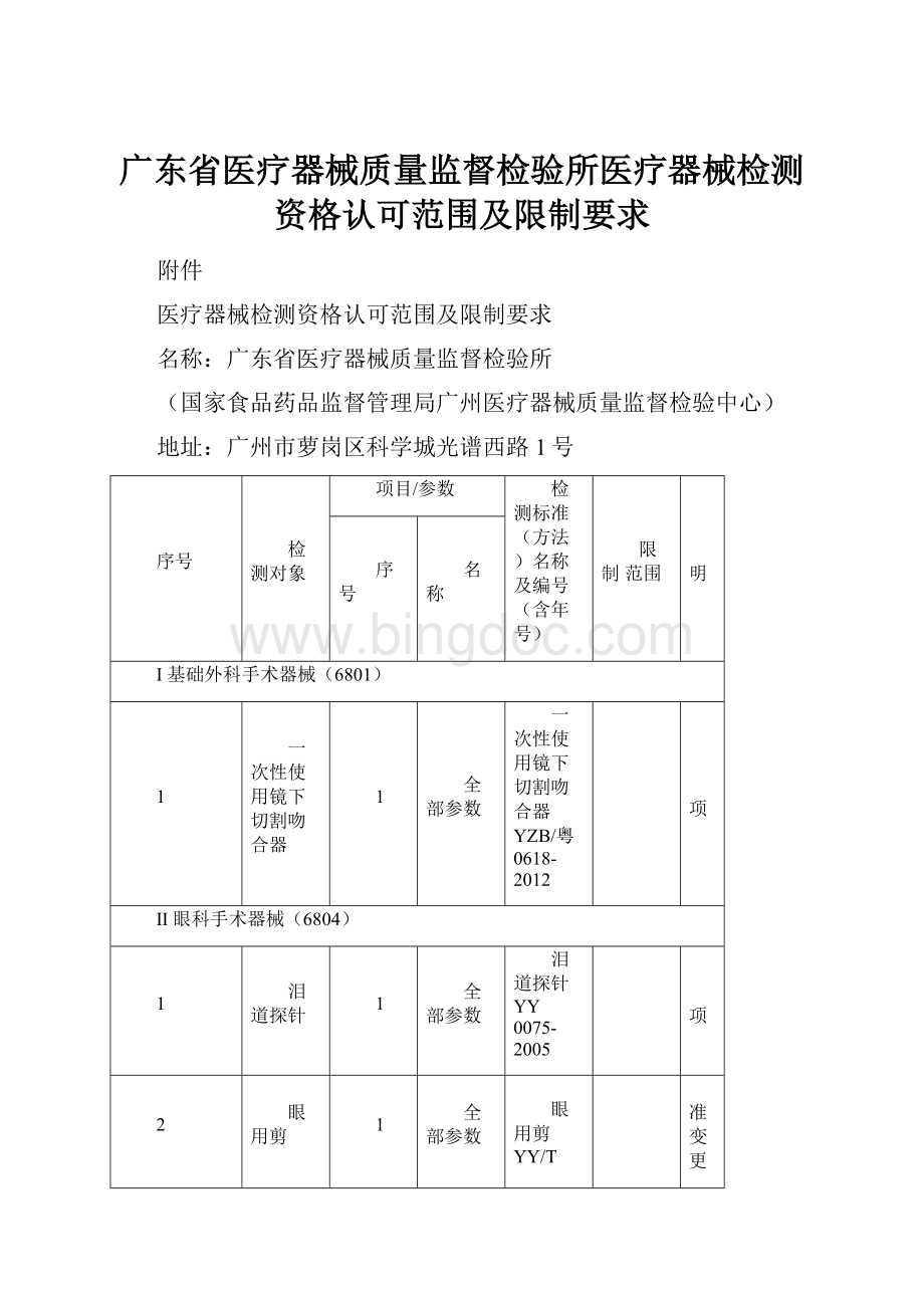 广东省医疗器械质量监督检验所医疗器械检测资格认可范围及限制要求.docx