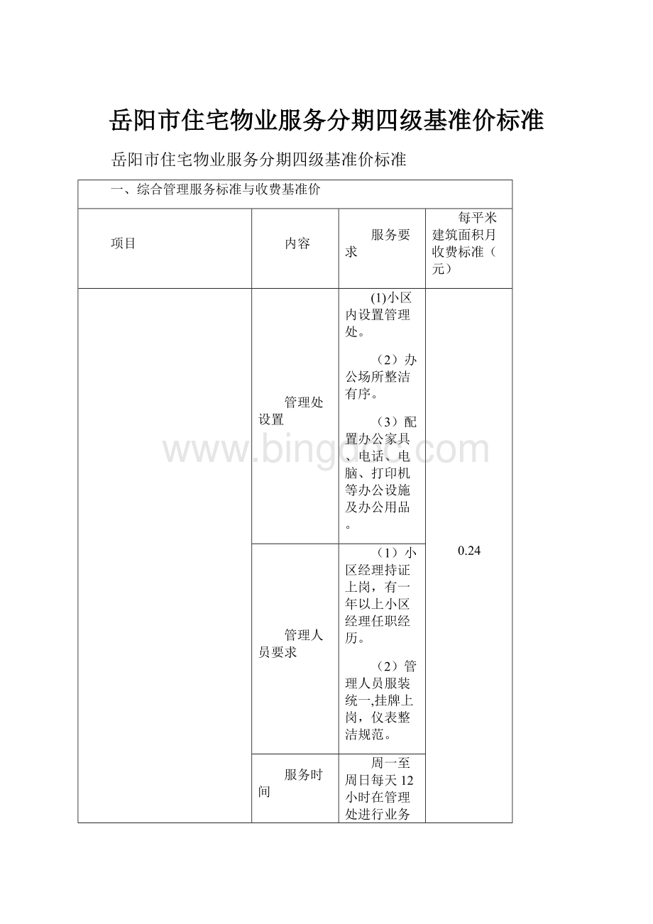 岳阳市住宅物业服务分期四级基准价标准.docx_第1页