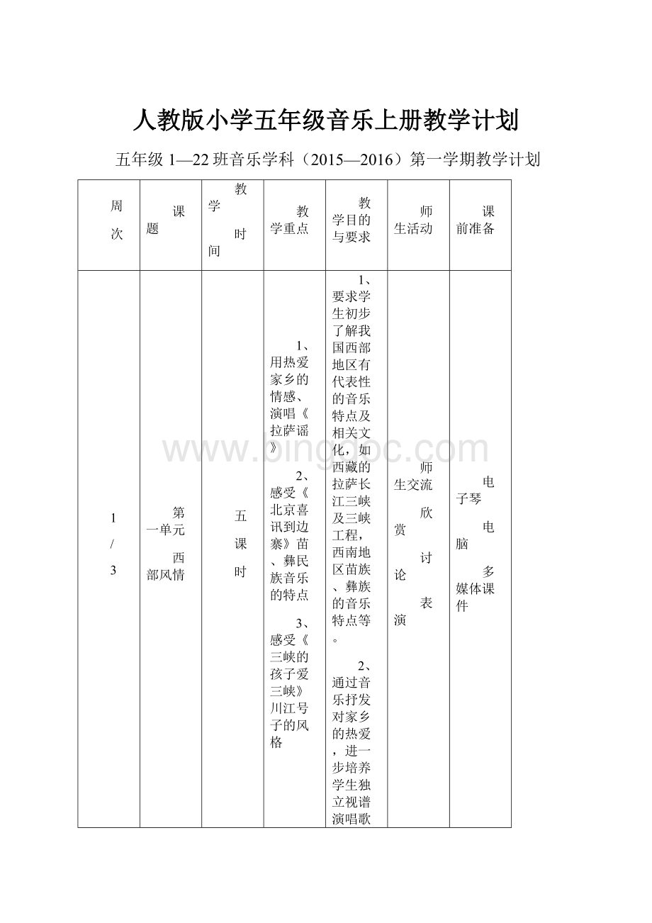 人教版小学五年级音乐上册教学计划.docx_第1页