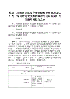 修订《深圳市建筑废弃物运输和处置管理办法》与《深圳市建筑废弃物减排与利用条例》自行采购招标信息表.docx