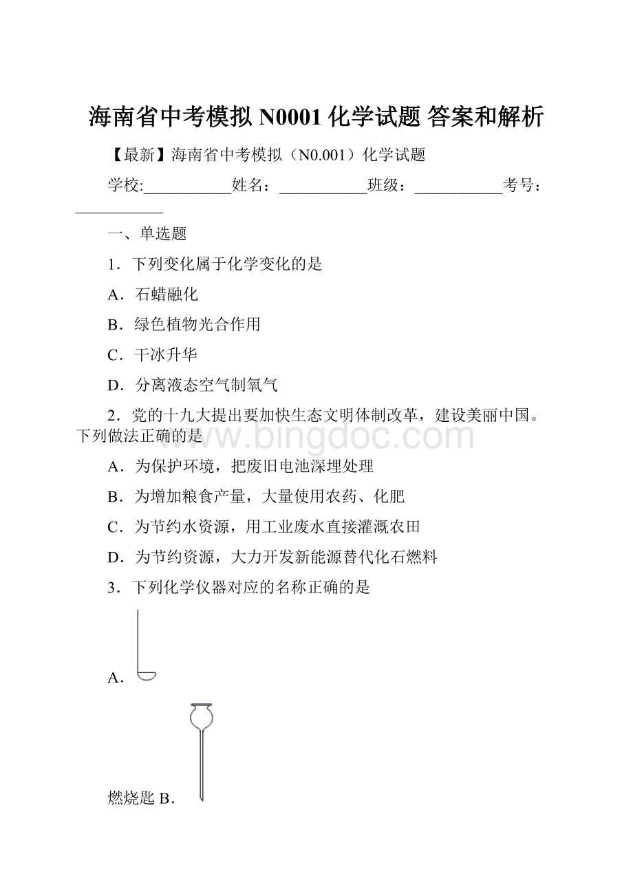 海南省中考模拟N0001化学试题 答案和解析.docx_第1页