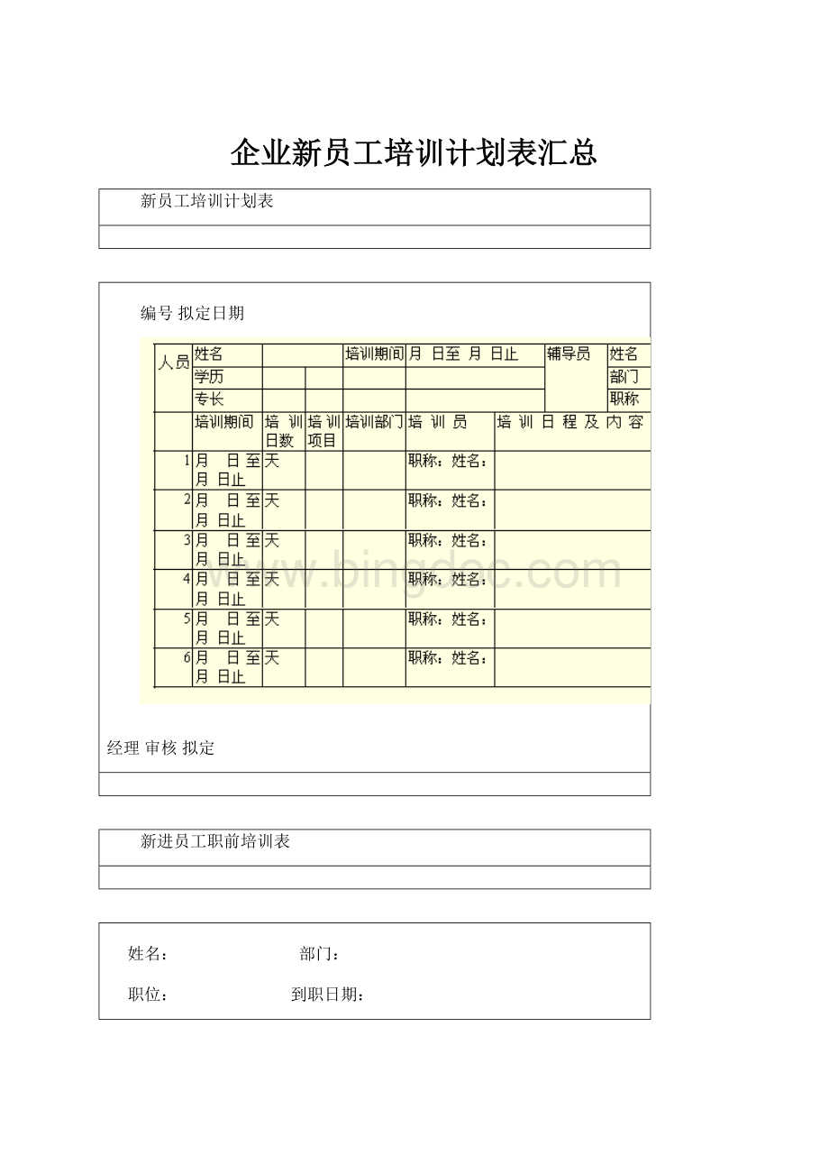 企业新员工培训计划表汇总.docx_第1页