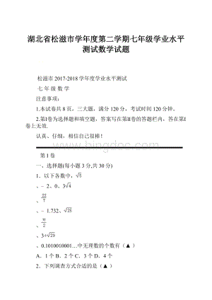 湖北省松滋市学年度第二学期七年级学业水平测试数学试题.docx