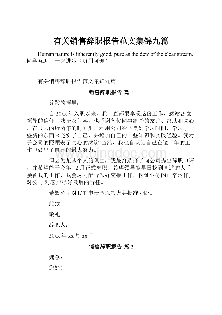 有关销售辞职报告范文集锦九篇.docx