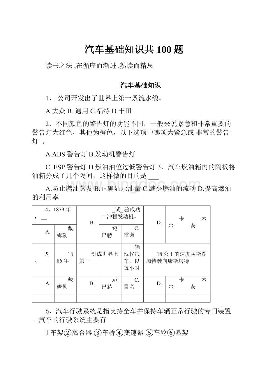 汽车基础知识共100题.docx