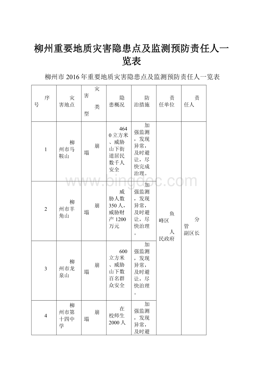 柳州重要地质灾害隐患点及监测预防责任人一览表.docx