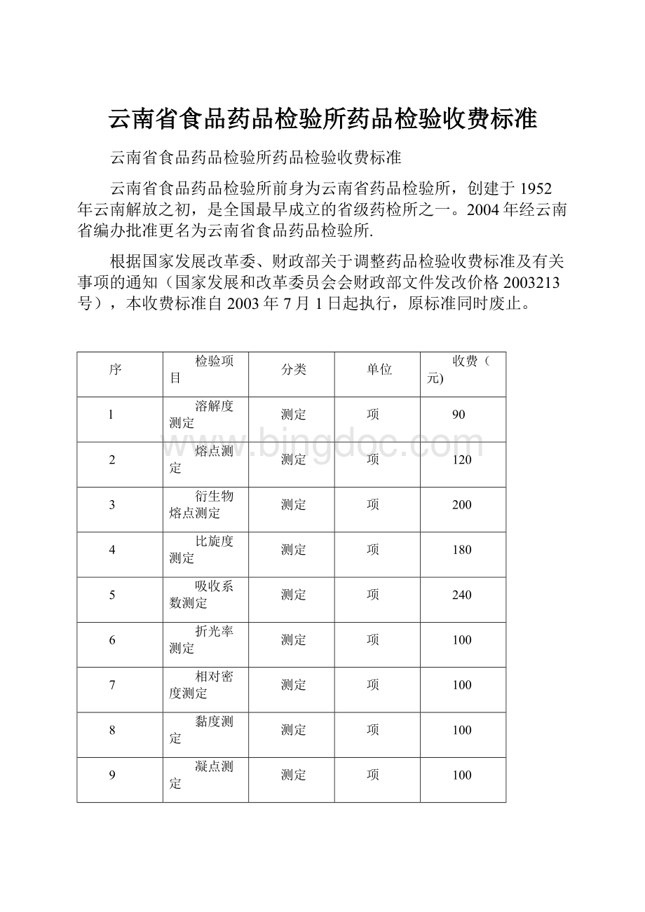 云南省食品药品检验所药品检验收费标准.docx