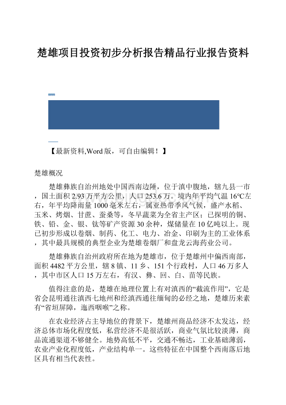 楚雄项目投资初步分析报告精品行业报告资料.docx