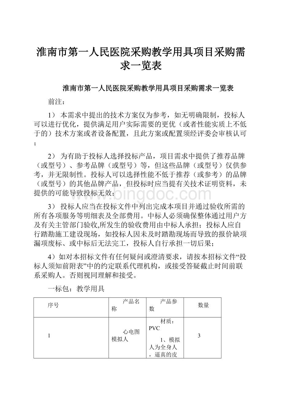 淮南市第一人民医院采购教学用具项目采购需求一览表.docx