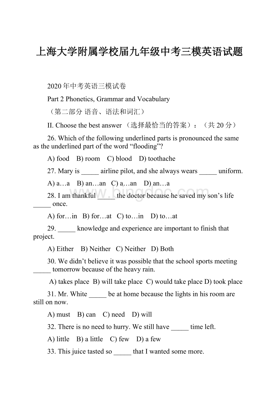 上海大学附属学校届九年级中考三模英语试题.docx
