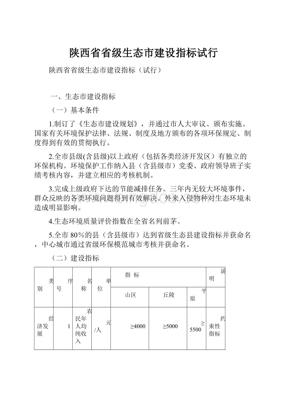 陕西省省级生态市建设指标试行.docx