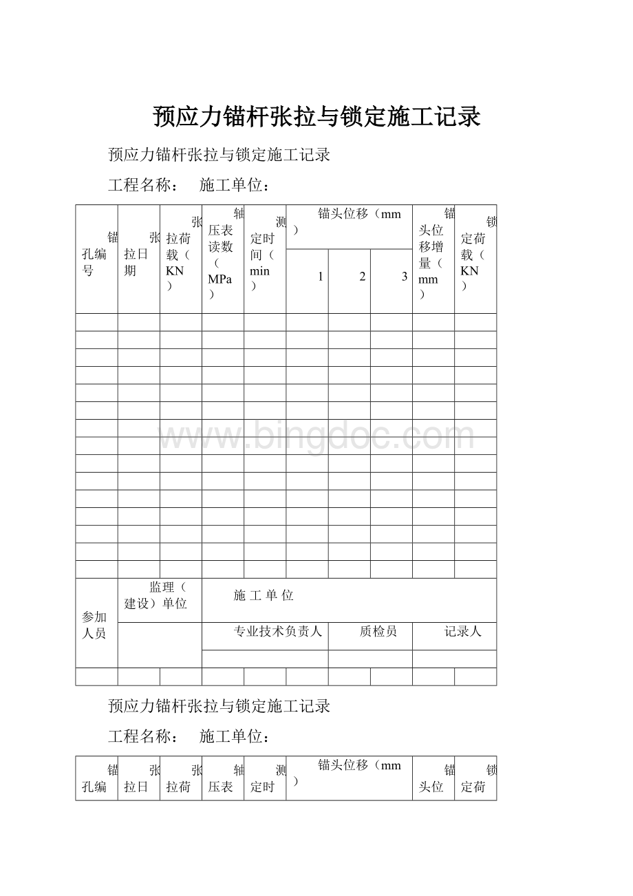 预应力锚杆张拉与锁定施工记录.docx_第1页