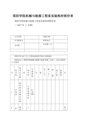 邵阳学院机械与能源工程系实验耗材报价表.docx