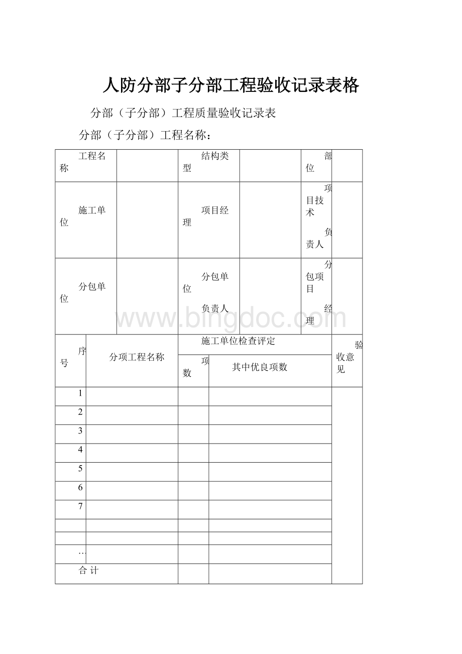 人防分部子分部工程验收记录表格.docx_第1页