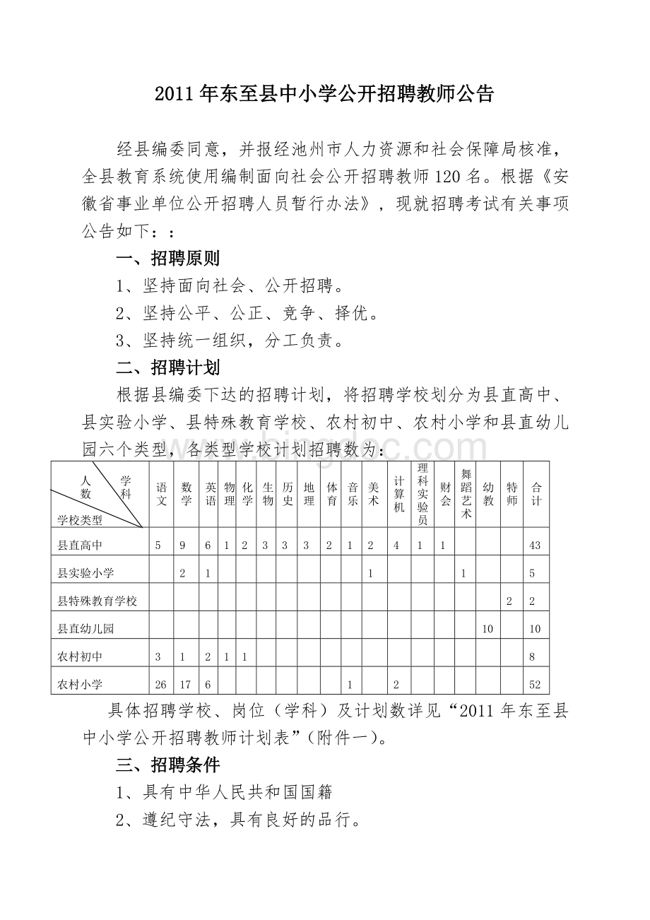 2011年东至县中小学公开招聘教师公告.doc_第1页