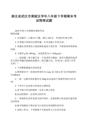 湖北省武汉市黄陂区学年八年级下学期期末考试物理试题.docx