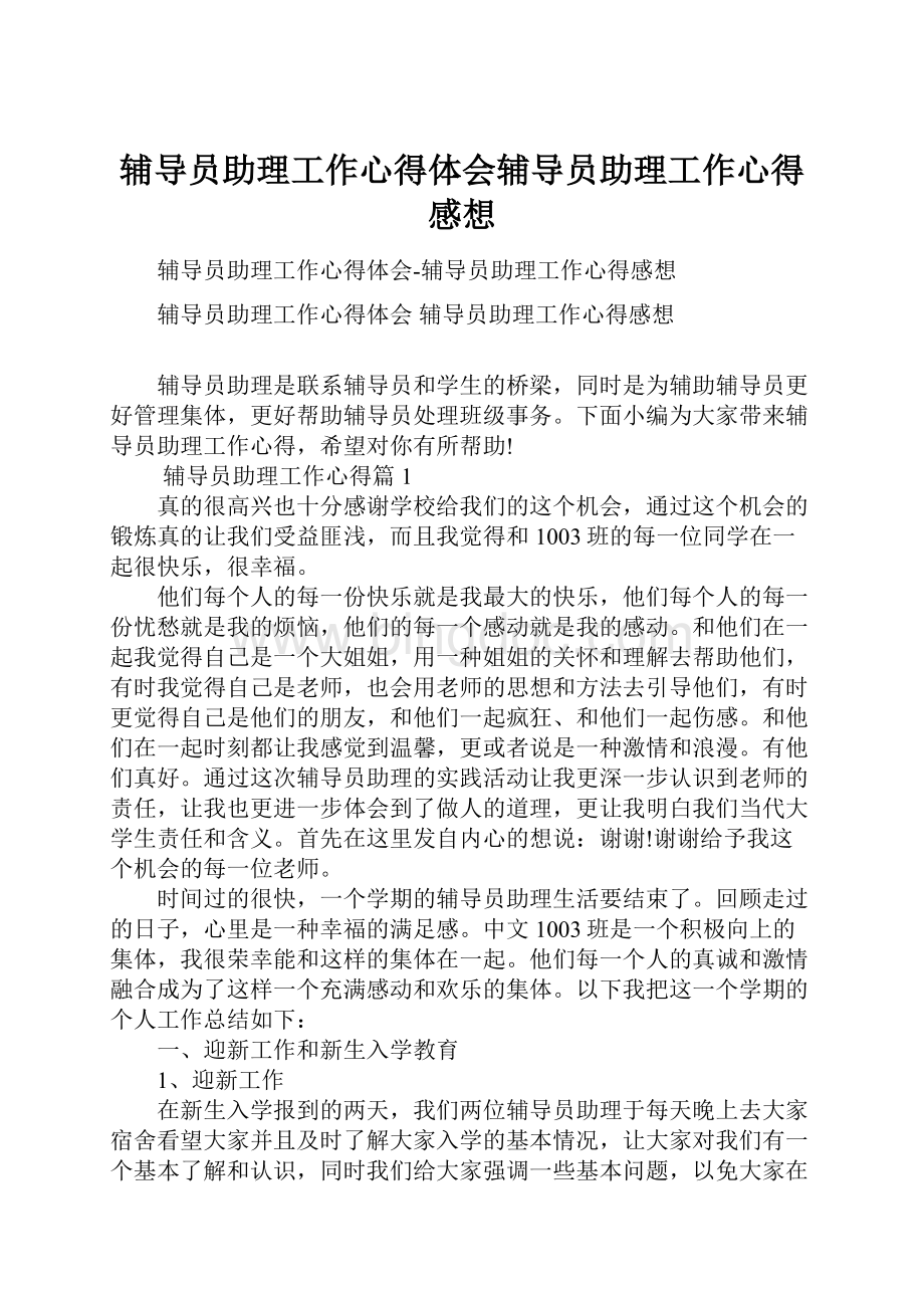 辅导员助理工作心得体会辅导员助理工作心得感想.docx_第1页