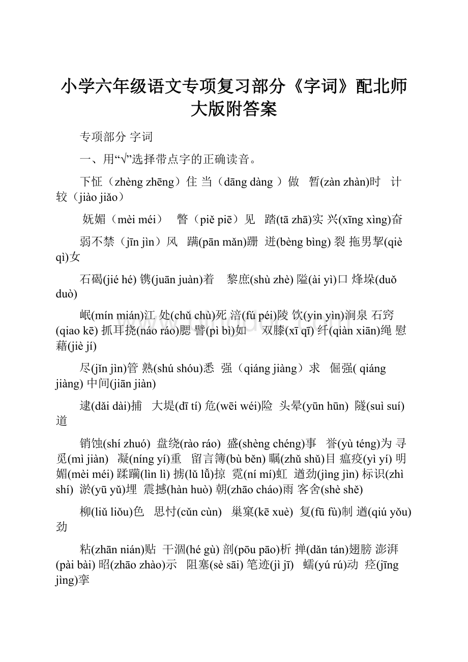 小学六年级语文专项复习部分《字词》配北师大版附答案.docx