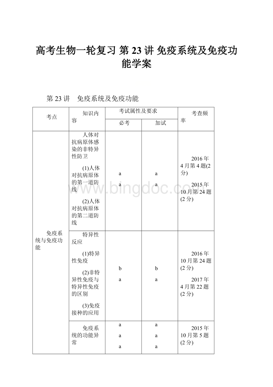 高考生物一轮复习 第23讲 免疫系统及免疫功能学案.docx