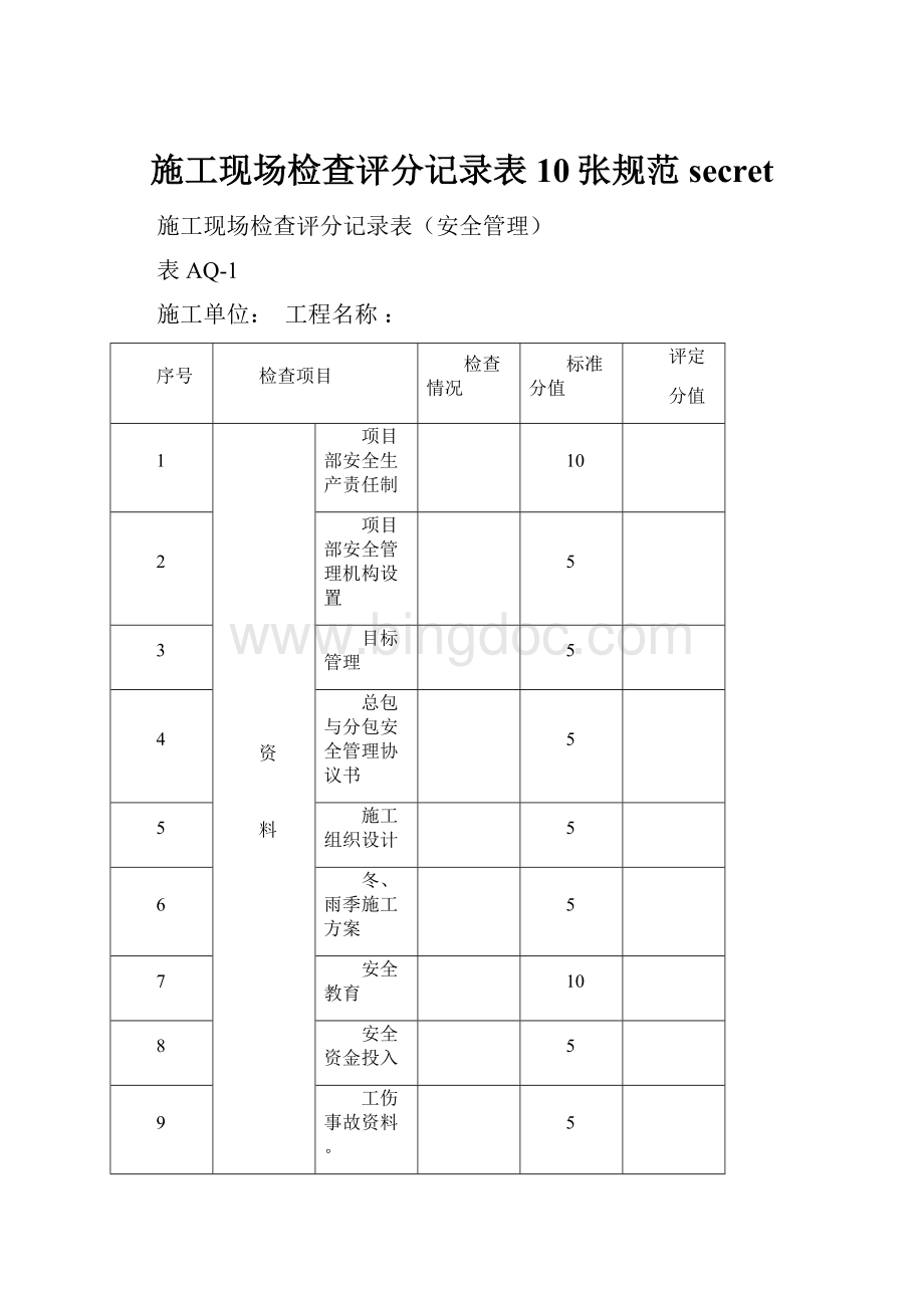 施工现场检查评分记录表10张规范secret.docx_第1页