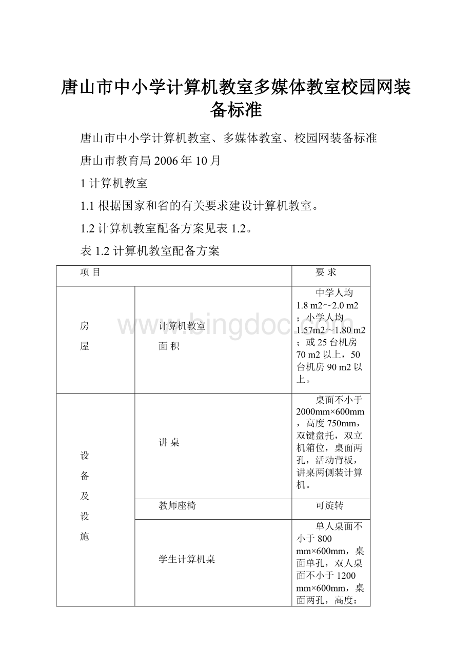 唐山市中小学计算机教室多媒体教室校园网装备标准.docx