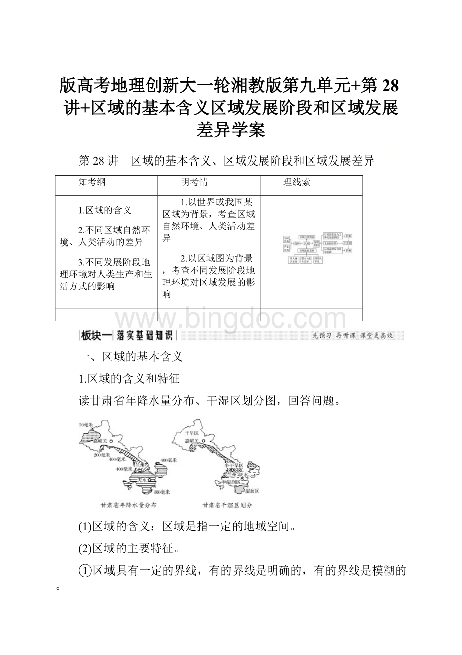 版高考地理创新大一轮湘教版第九单元+第28讲+区域的基本含义区域发展阶段和区域发展差异学案.docx