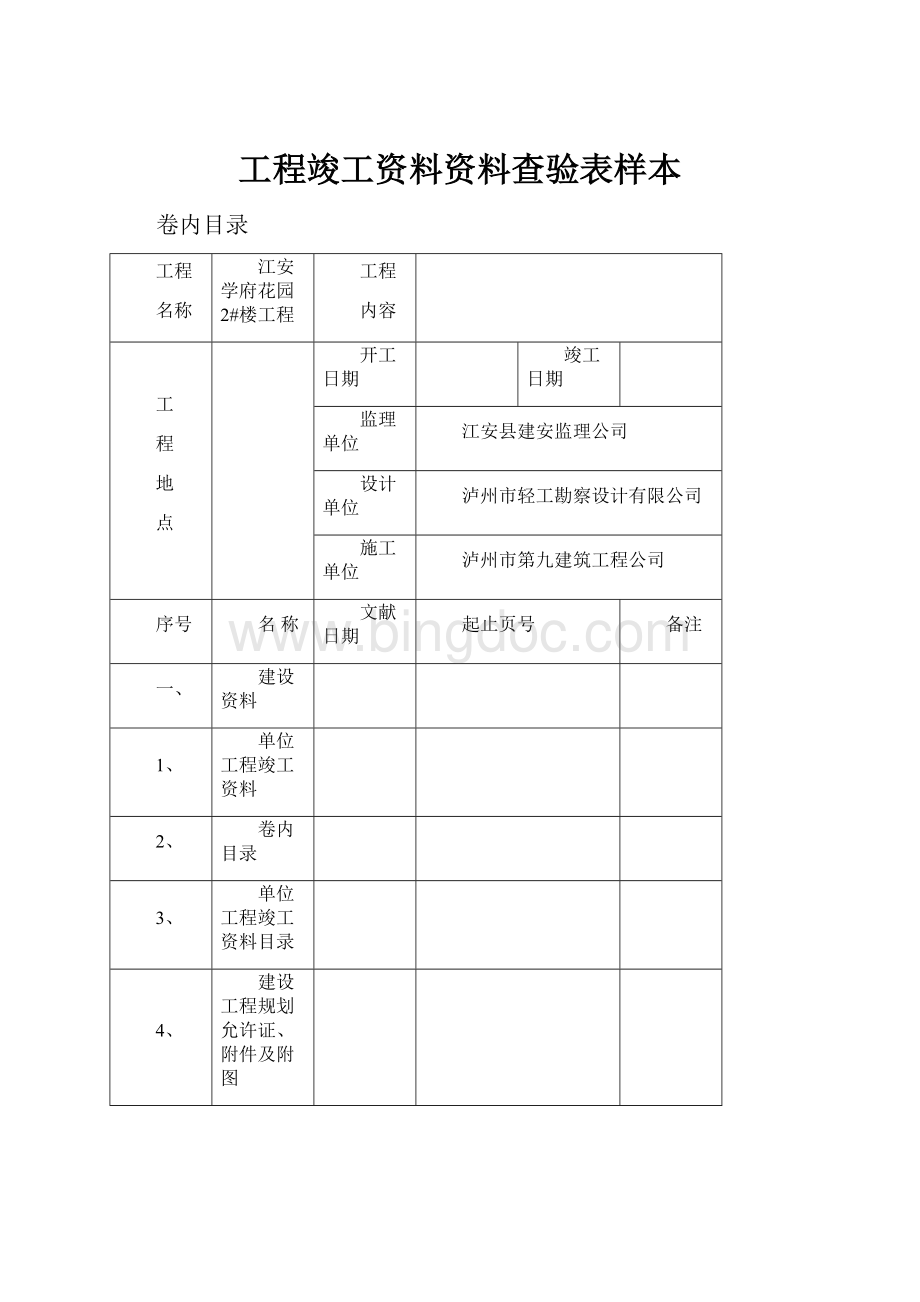 工程竣工资料资料查验表样本.docx_第1页