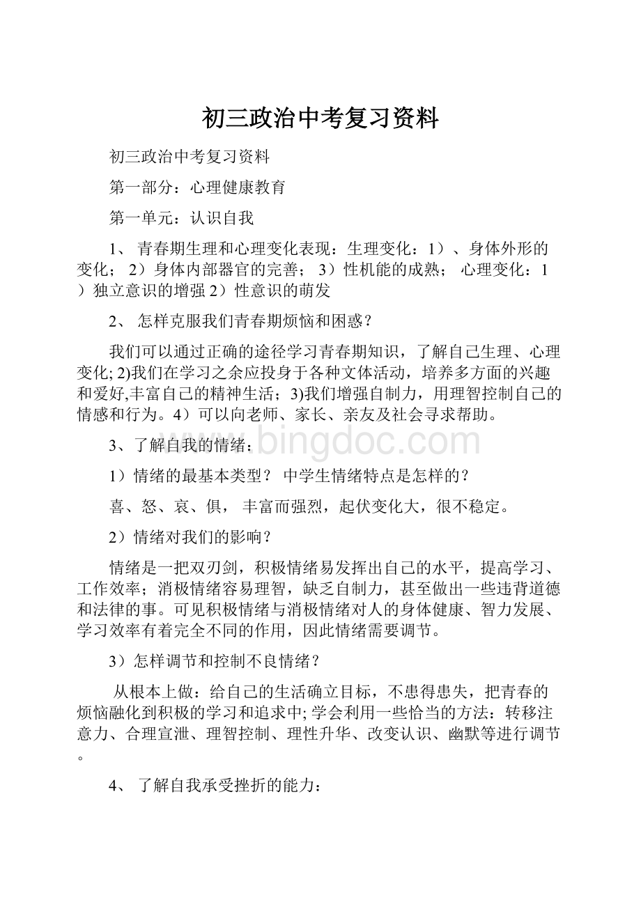 初三政治中考复习资料.docx