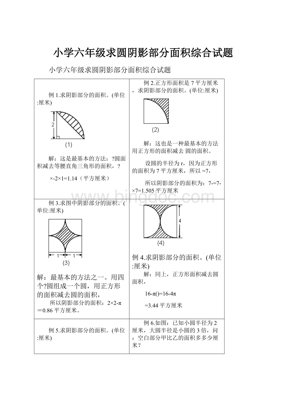 小学六年级求圆阴影部分面积综合试题.docx