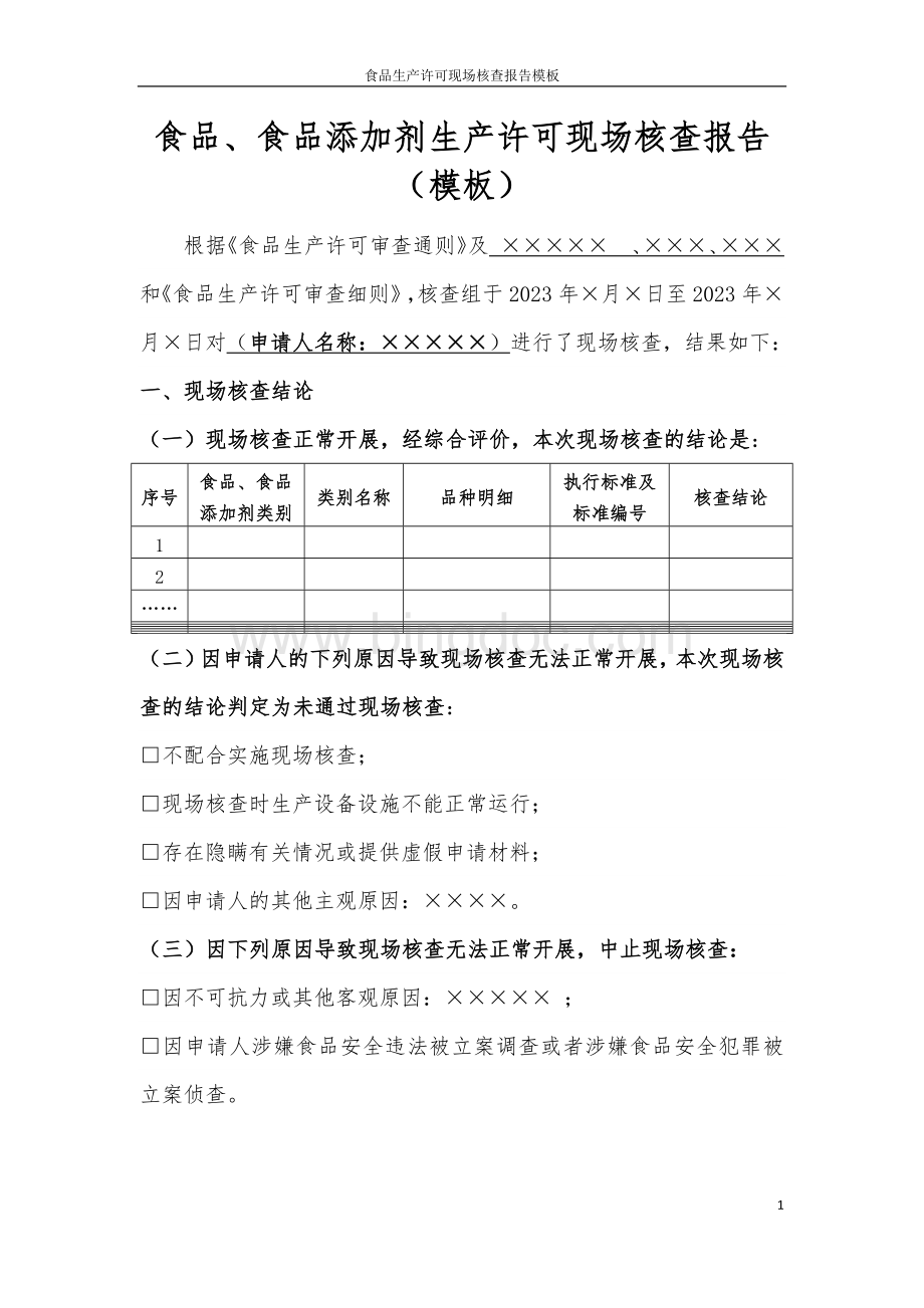 食品、食品添加剂生产许可现场核查报告（模板）.docx_第1页