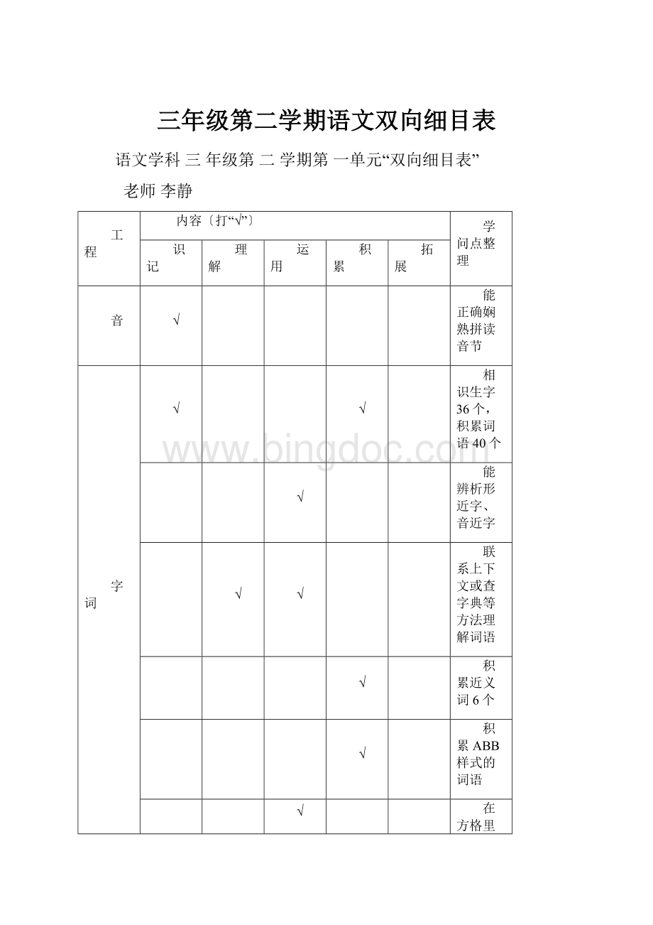 三年级第二学期语文双向细目表.docx