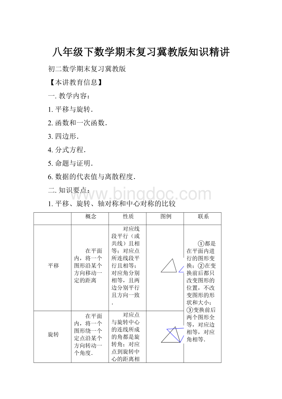 八年级下数学期末复习冀教版知识精讲.docx