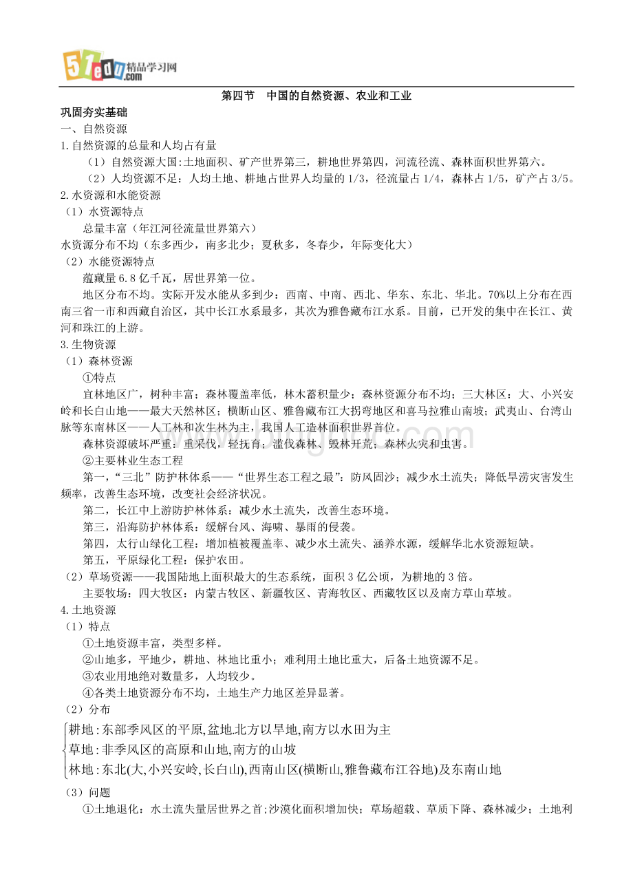 高中总复习第一轮地理第四部分第一单元第四节中国的自然资源、农业和工业.doc