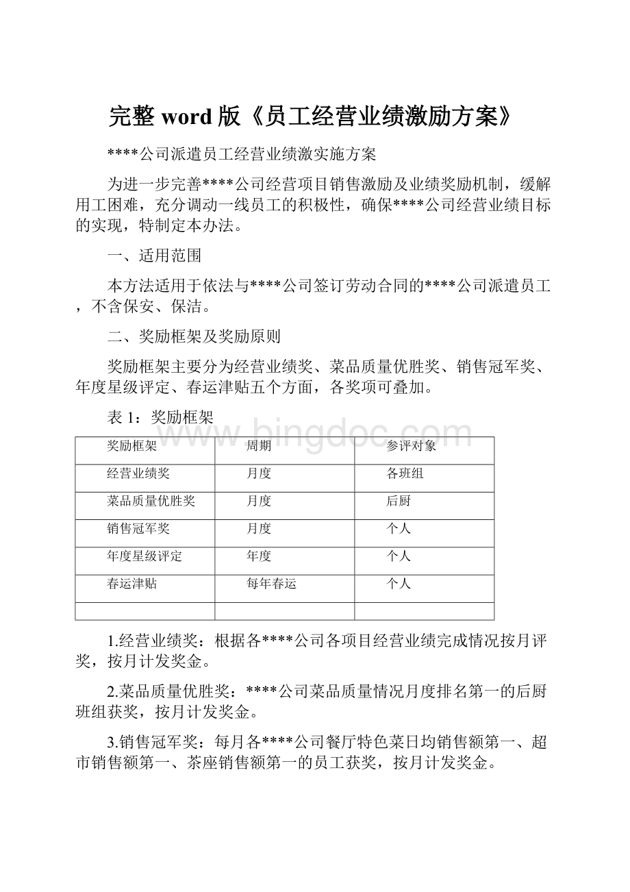 完整word版《员工经营业绩激励方案》.docx