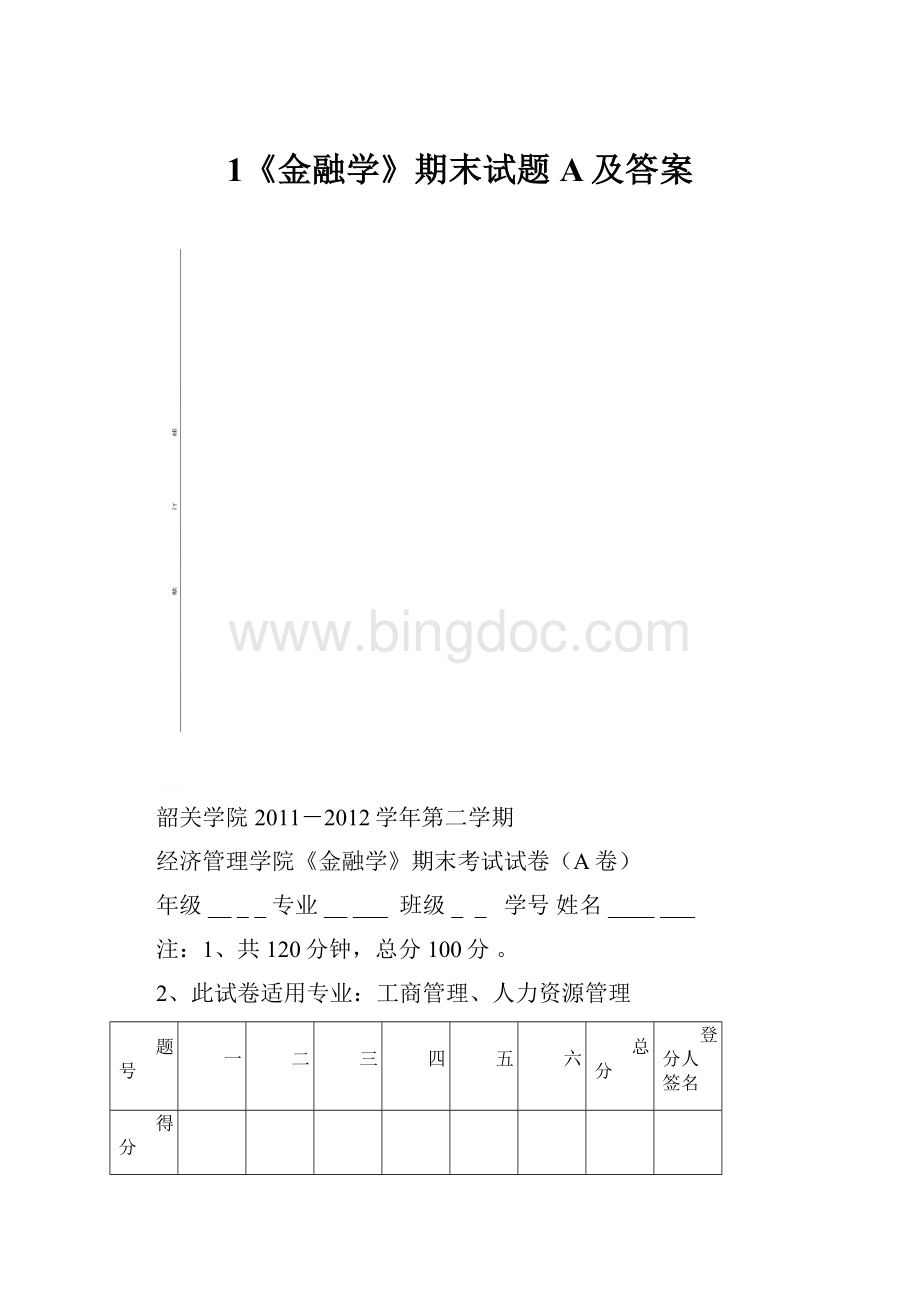 1《金融学》期末试题A及答案.docx