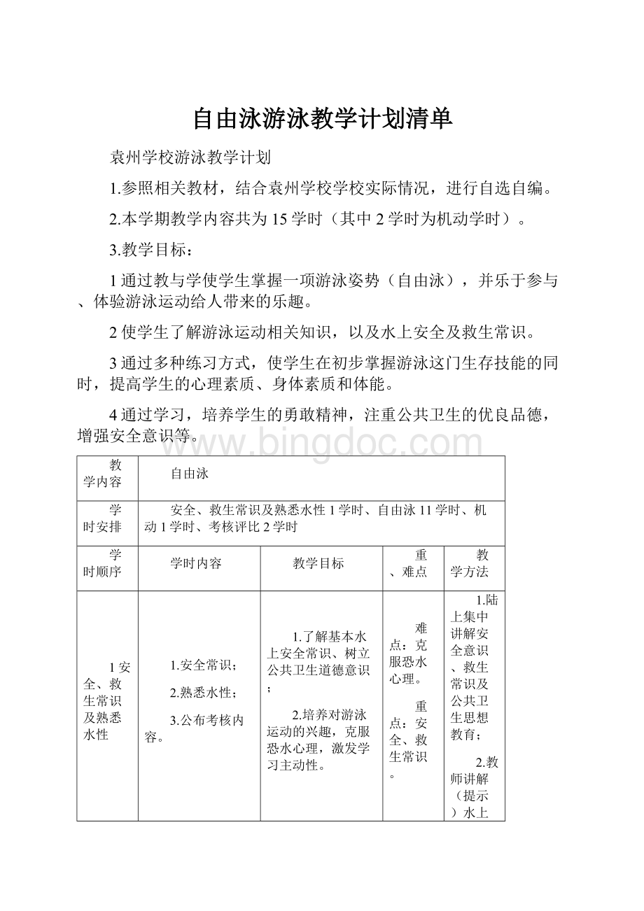 自由泳游泳教学计划清单.docx