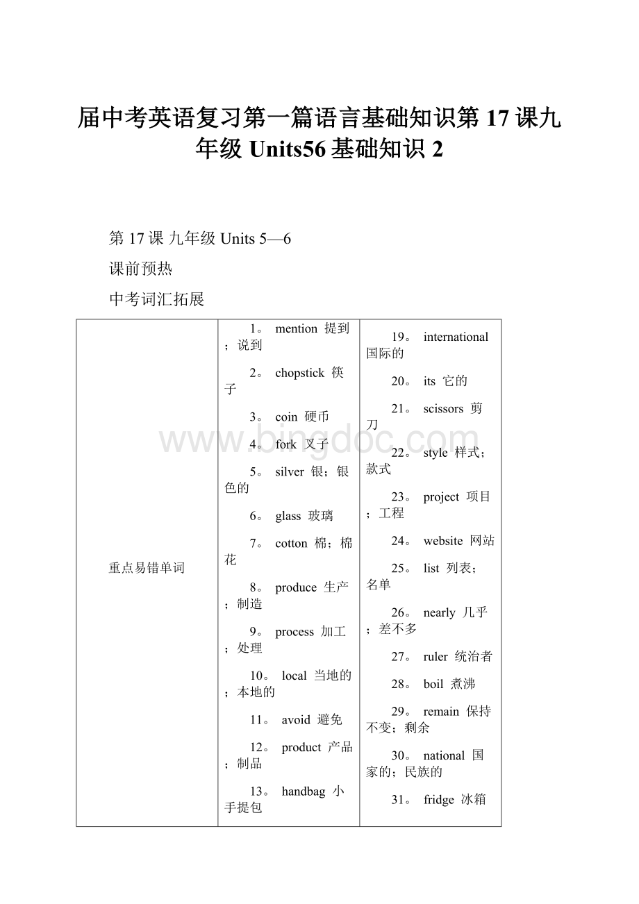 届中考英语复习第一篇语言基础知识第17课九年级Units56基础知识2.docx