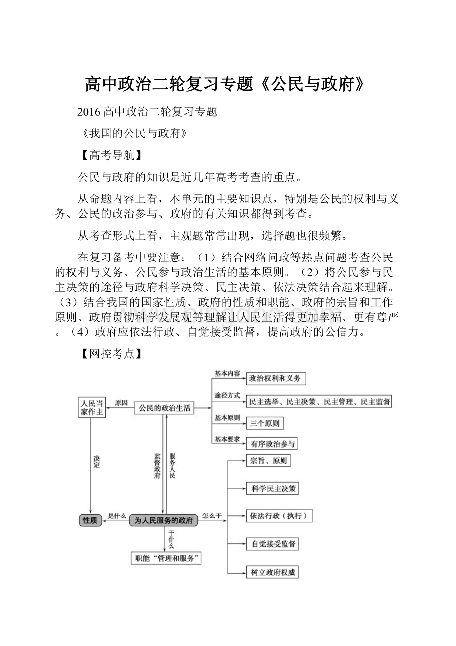 高中政治二轮复习专题《公民与政府》.docx