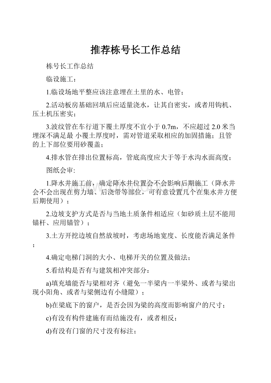 推荐栋号长工作总结.docx