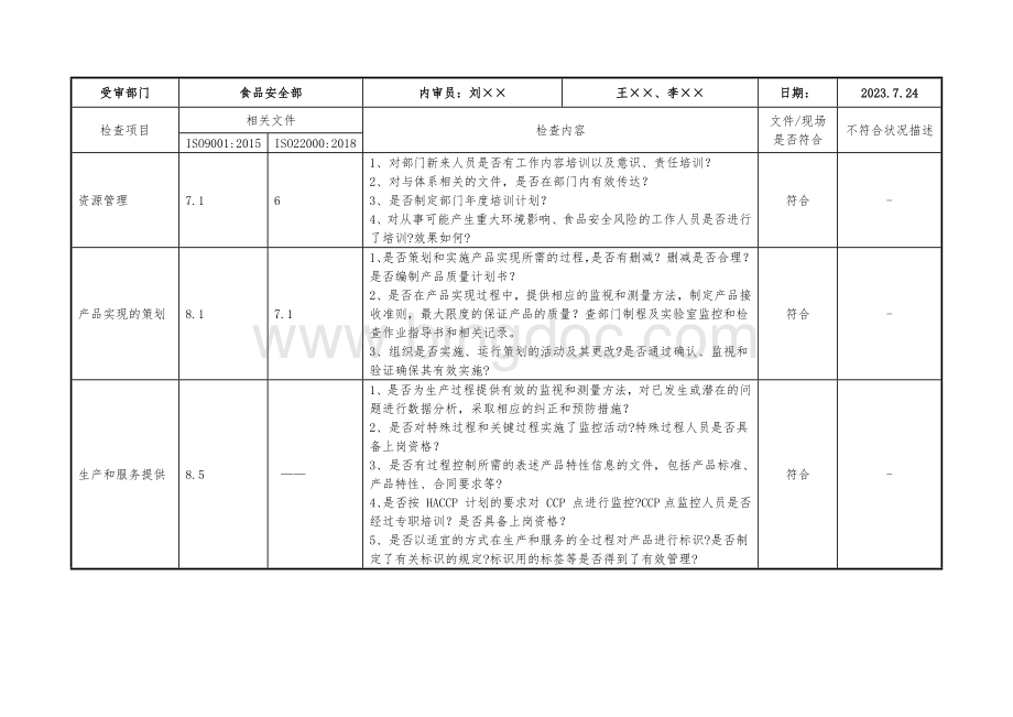 2023年食品质量安全内审核查表实例.docx_第3页